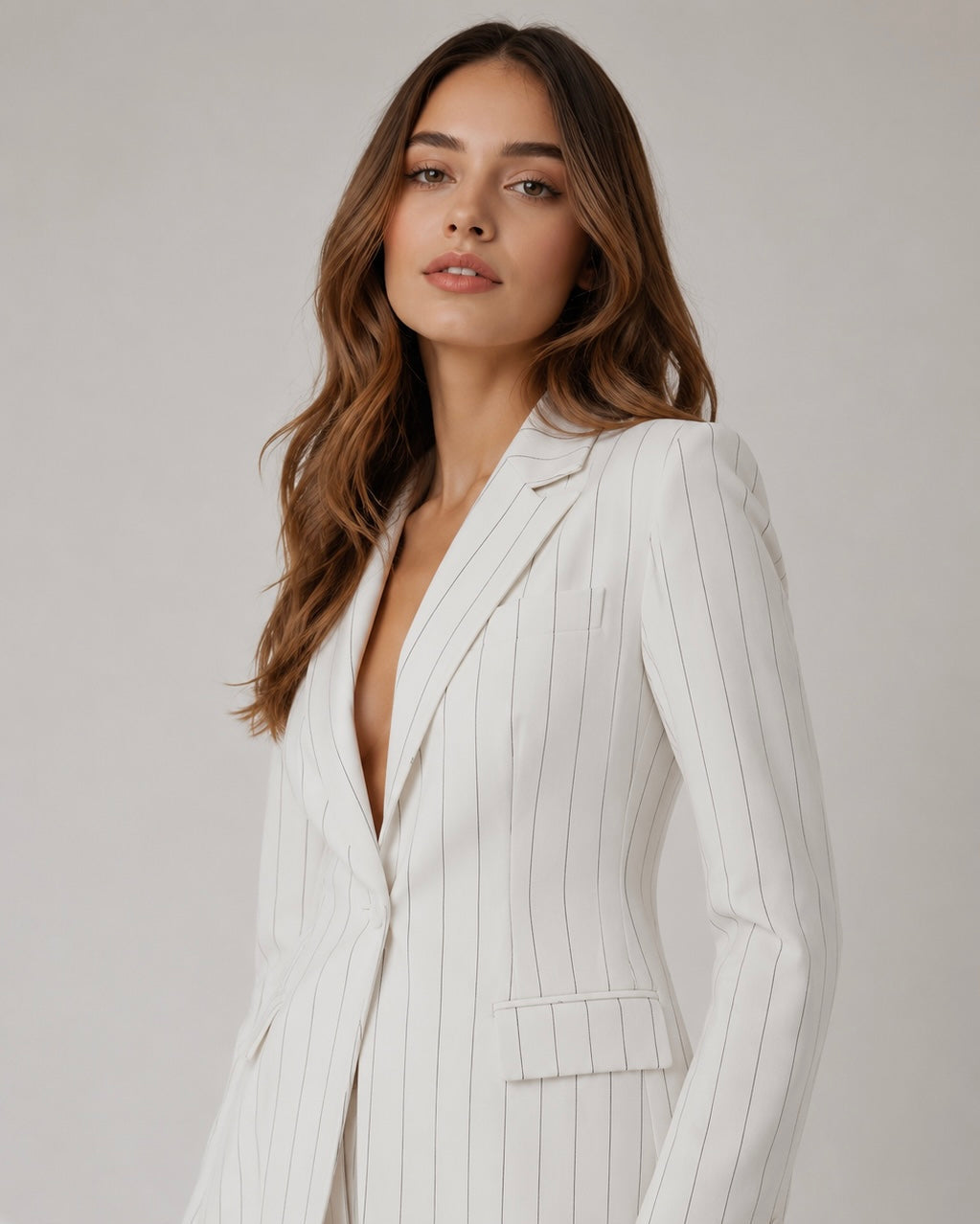 White Pinstripe Single-Breasted Blazer Suit Set Beyond Formals
