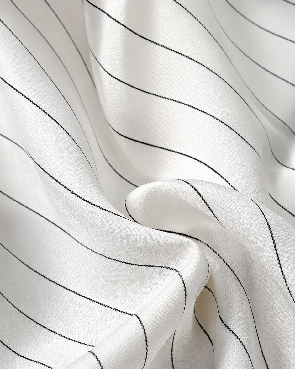 White pinstripe suiting fabric close-up showing fine grey stripe | Beyond Formals