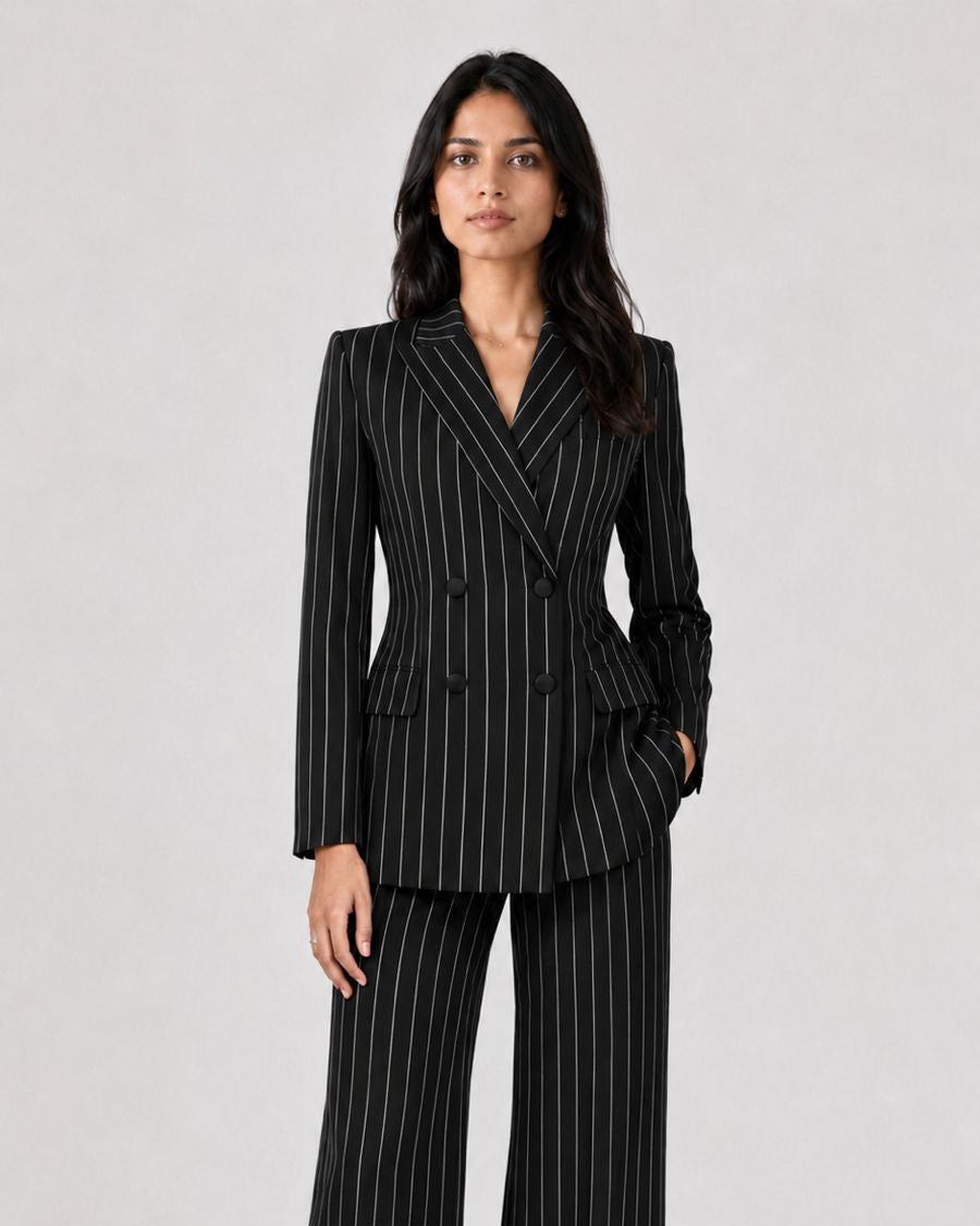 Executive Black Pinstripe Double-Breasted Blazer Suit Set Beyond Formals