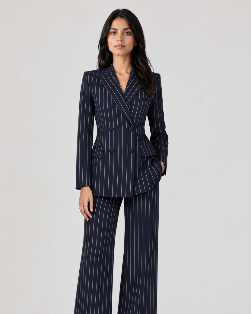 A woman modeling a navy blue pinstripe double-breasted blazer and matching wide-leg trousers against a light gray studio background.