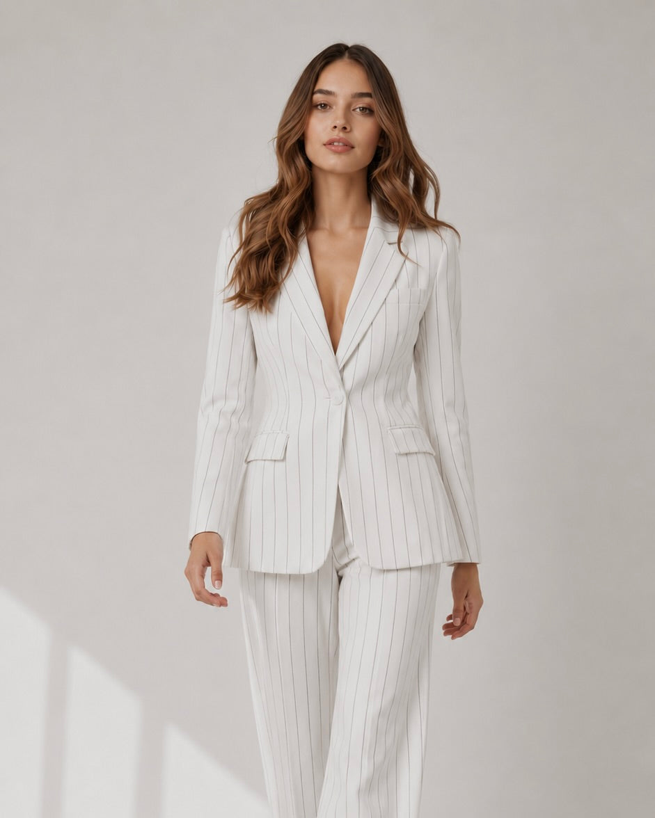 White Pinstripe Single-Breasted Blazer Suit Set Beyond Formals