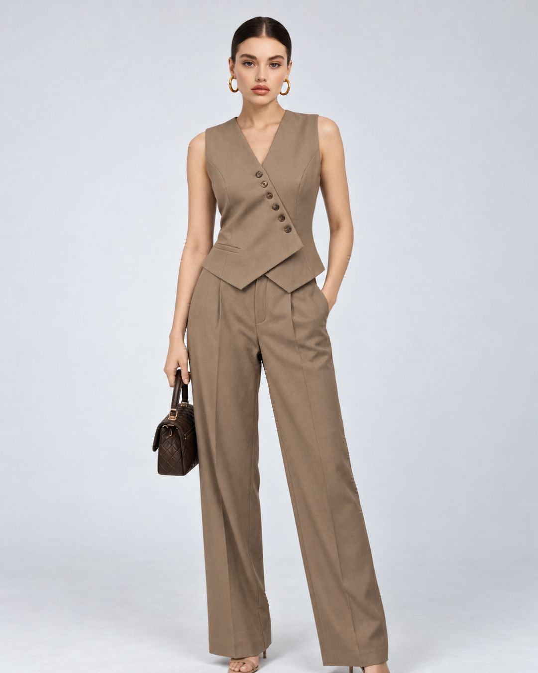 Beige Deep-V Wrap Waistcoat & Trouser Set, front view