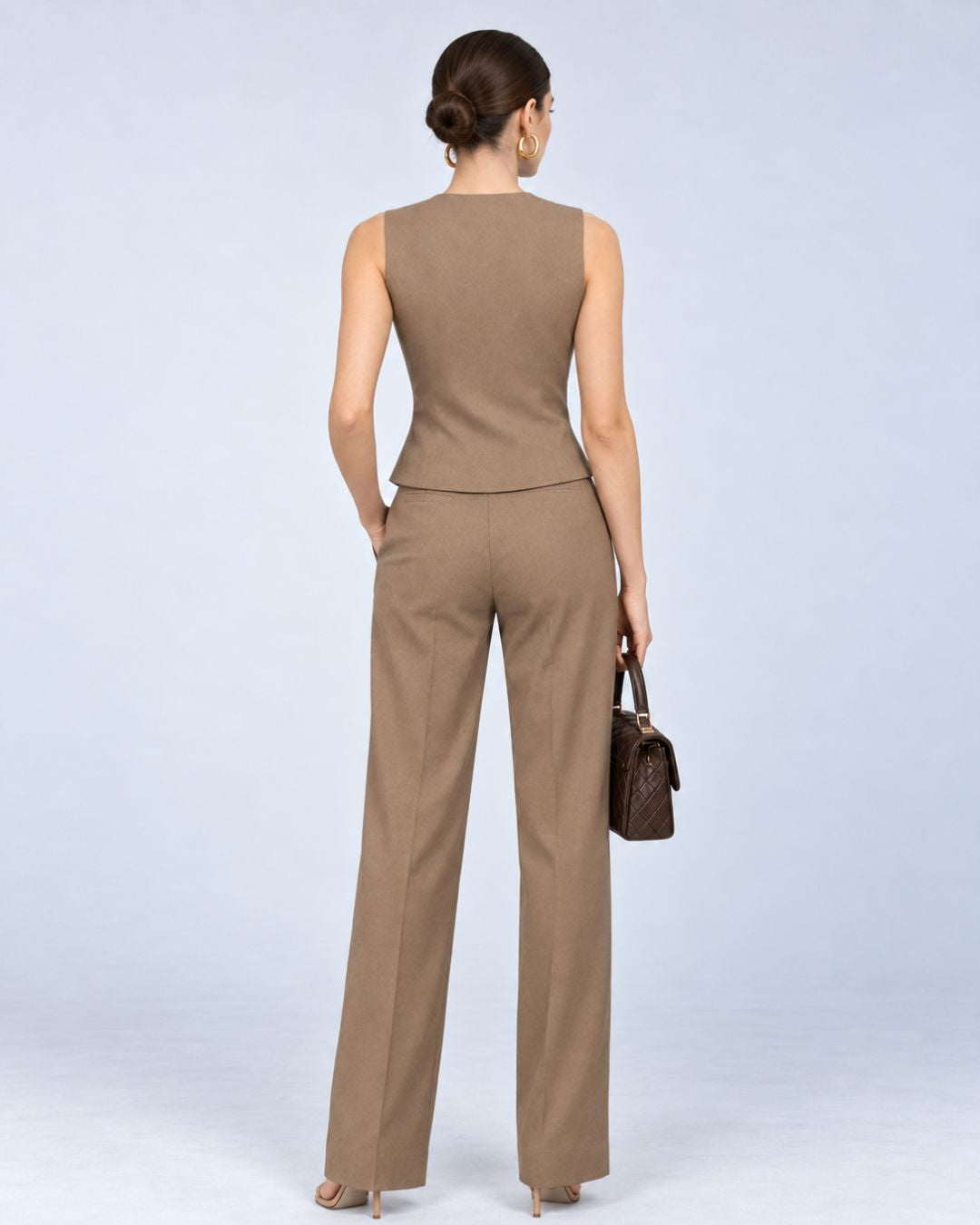 Beige Deep-V Wrap Waistcoat & Trouser Set, detail