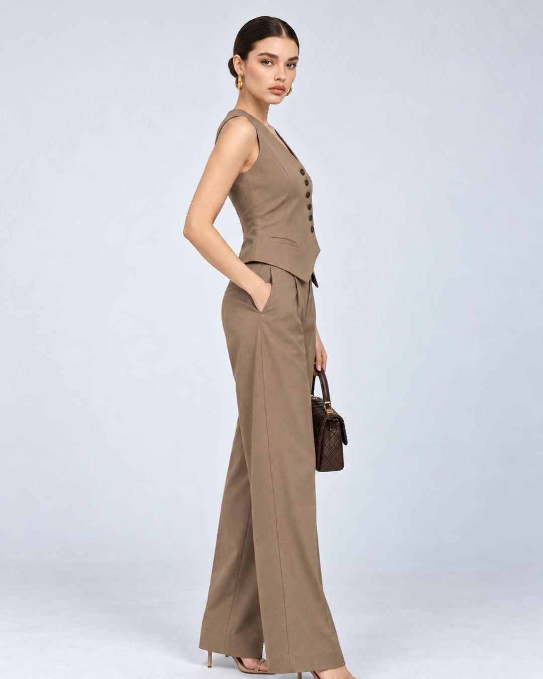 Beige Deep-V Wrap Waistcoat & Trouser Set, back view