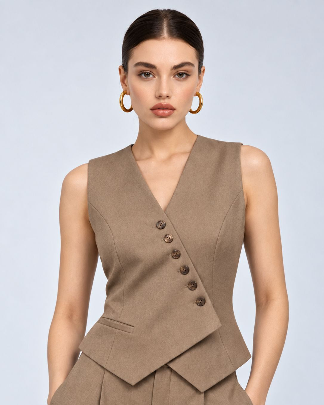 Beige Deep-V Wrap Waistcoat & Trouser Set, side view