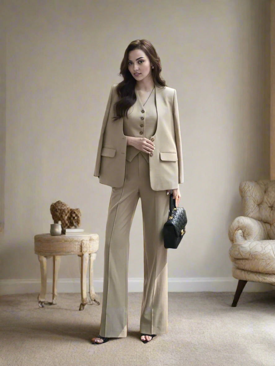 power blazer suit set in beige
