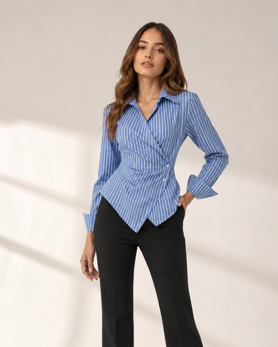 A woman modeling a blue and white vertically striped long-sleeve wrap blouse with black wide-leg trousers, standing against a light beige studio backdrop with soft shadow projections.