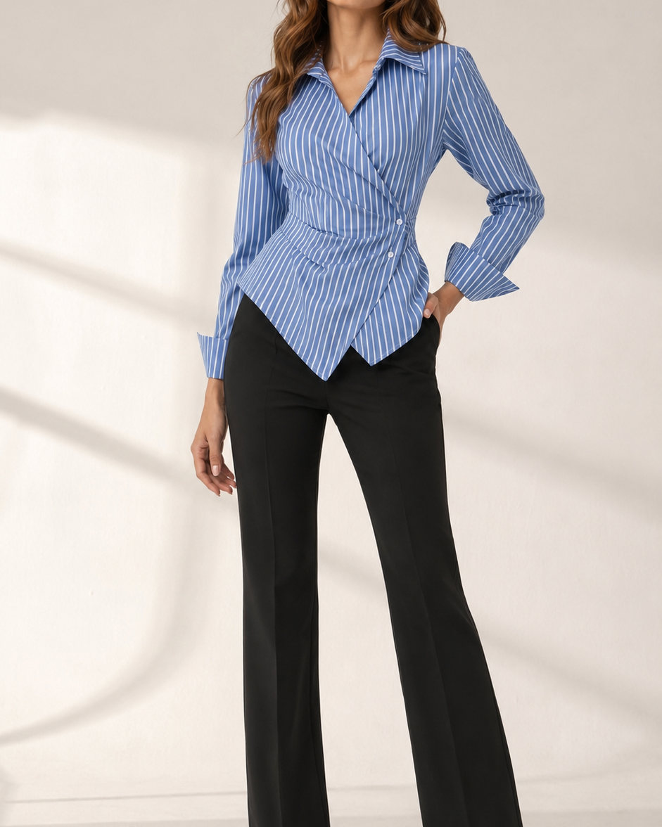 A woman modeling a blue and white vertically striped long-sleeve wrap blouse with black wide-leg trousers, standing against a light beige studio backdrop with soft shadow projections.