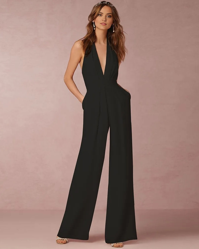 Black Wide Leg & Backless Halter Jumpsuit