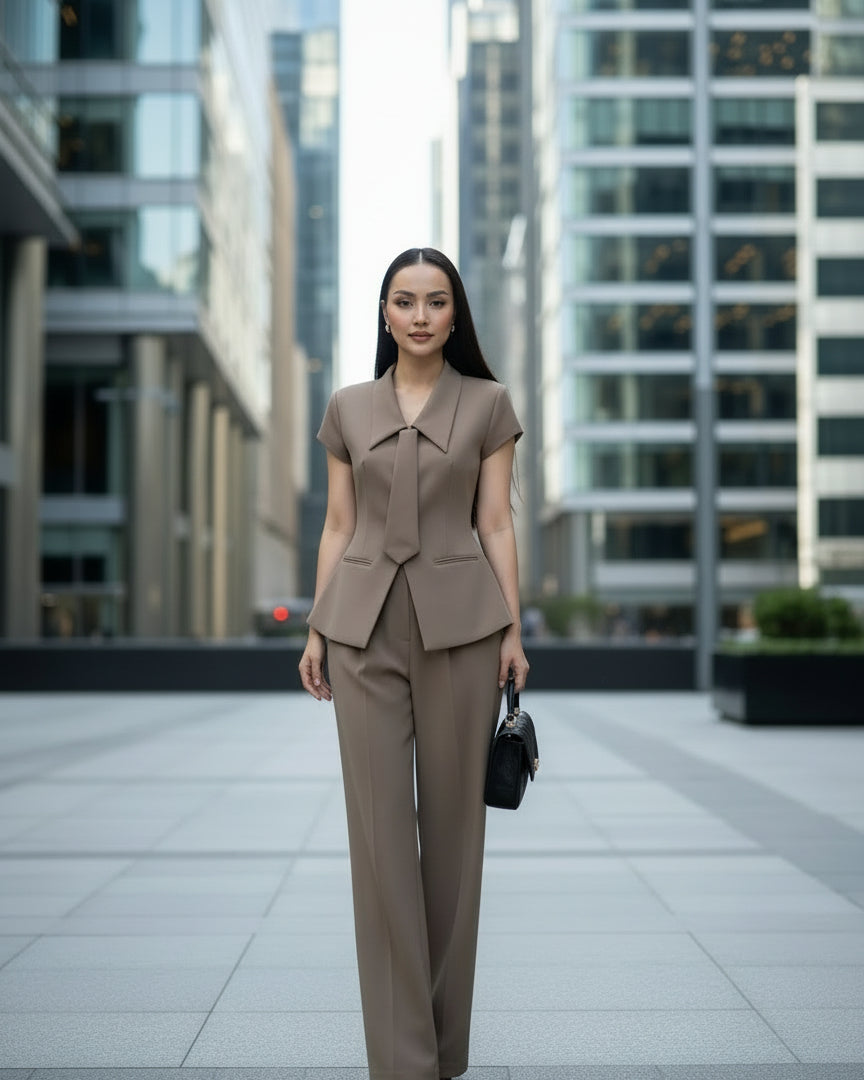 Brown coord set with a single-breasted blazer and flared pants with tie.