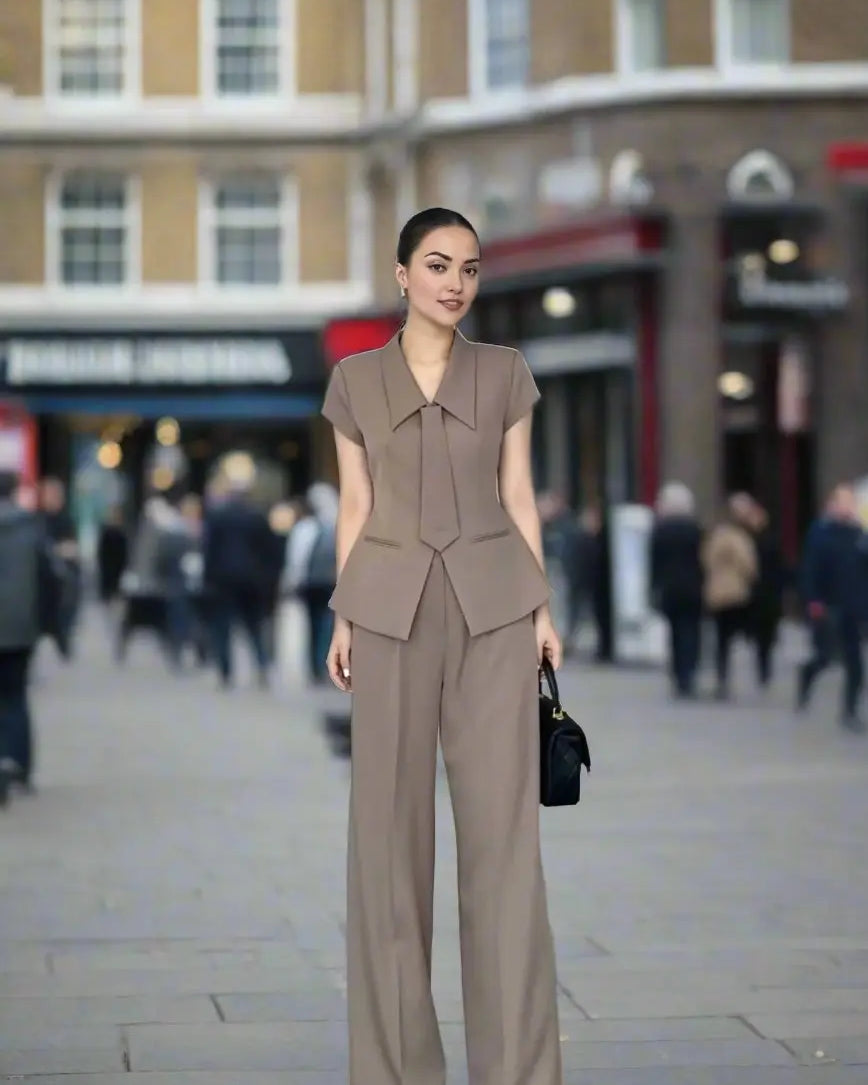 Brown coord set with a single-breasted blazer and flared pants with tie.