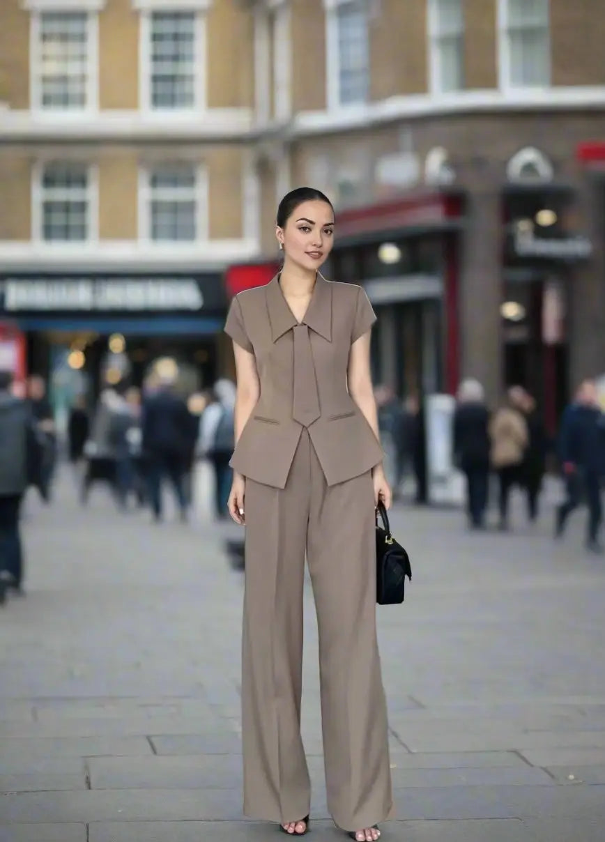 Brown coord set with a single-breasted blazer and flared pants with tie.