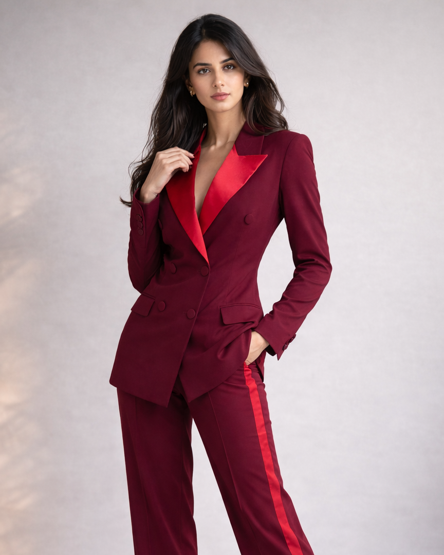 Woman wearing a red suit with a white background
