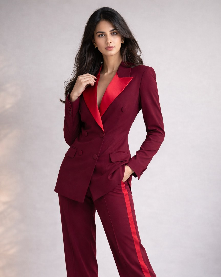 Woman wearing a red suit with a white background