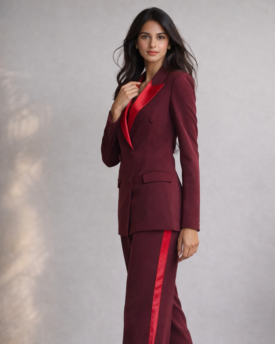 Woman wearing a burgundy suit with red accents on a plain background