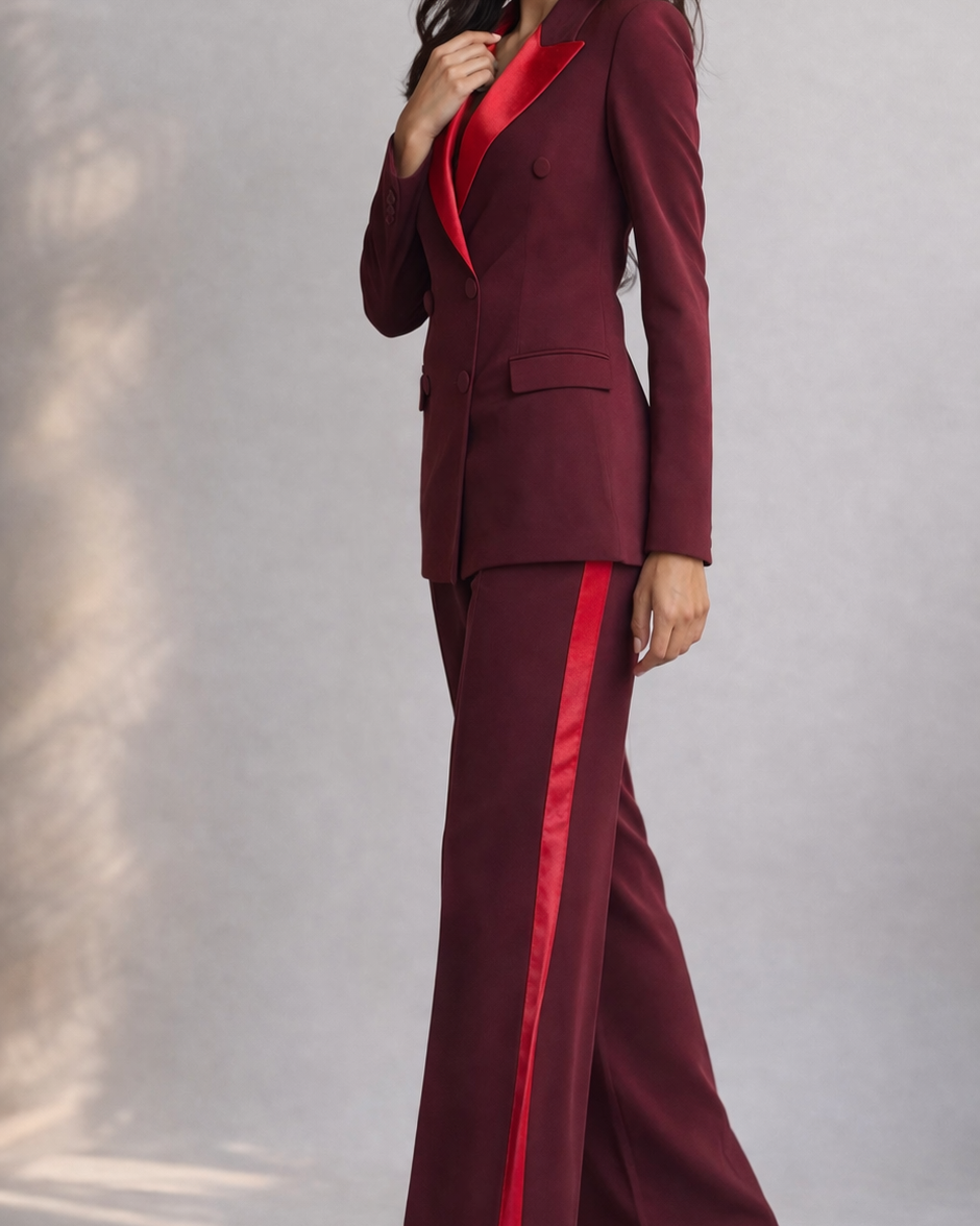 Woman wearing a burgundy suit with red accents on a plain background