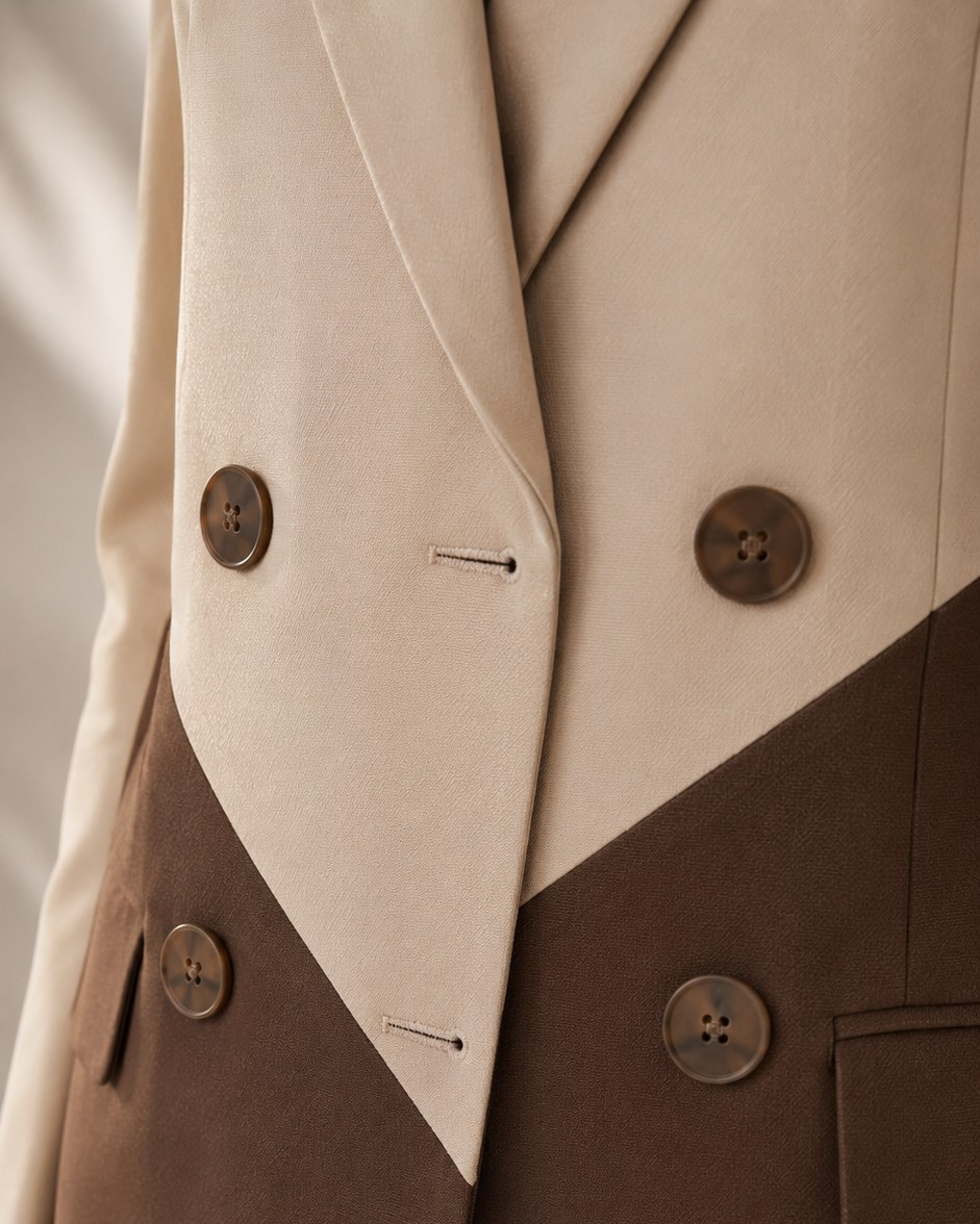 Close-up of beige and brown colourblock blazer buttons, flap pocket and cotton blend fabric | Beyond Formals