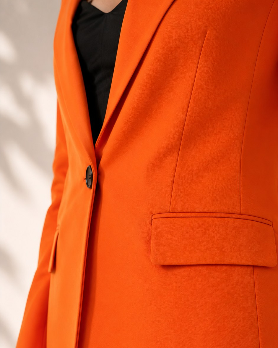 Beyond Formals tangerine blazer, close-up of button closure and flap pocket