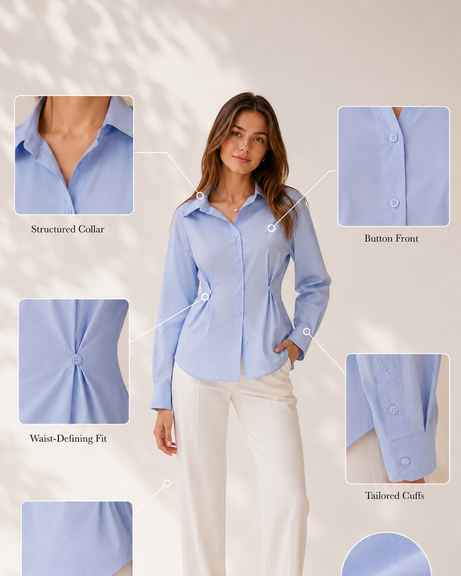 Powder blue shirt infographic: collar, button front, waist pleats, cuffs, curved hem | Beyond Formals