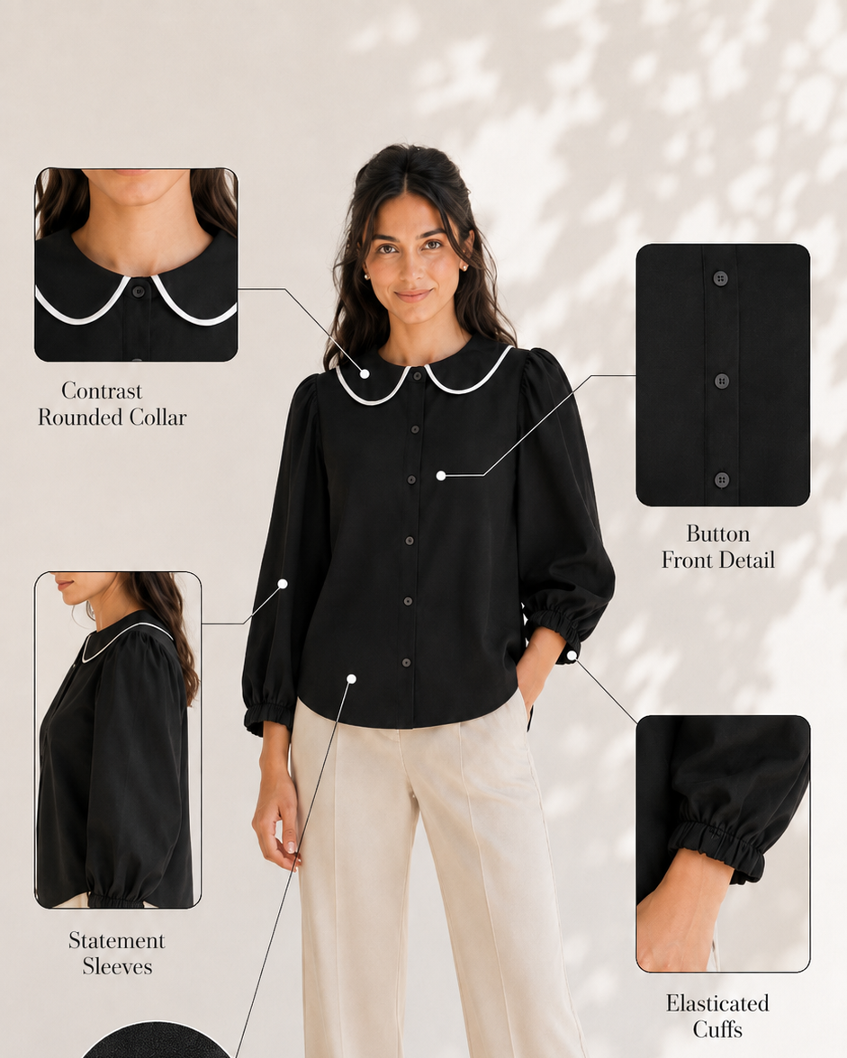 Black contrast collar shirt infographic showing rounded collar, statement sleeves and elasticated cuffs | Beyond Formals