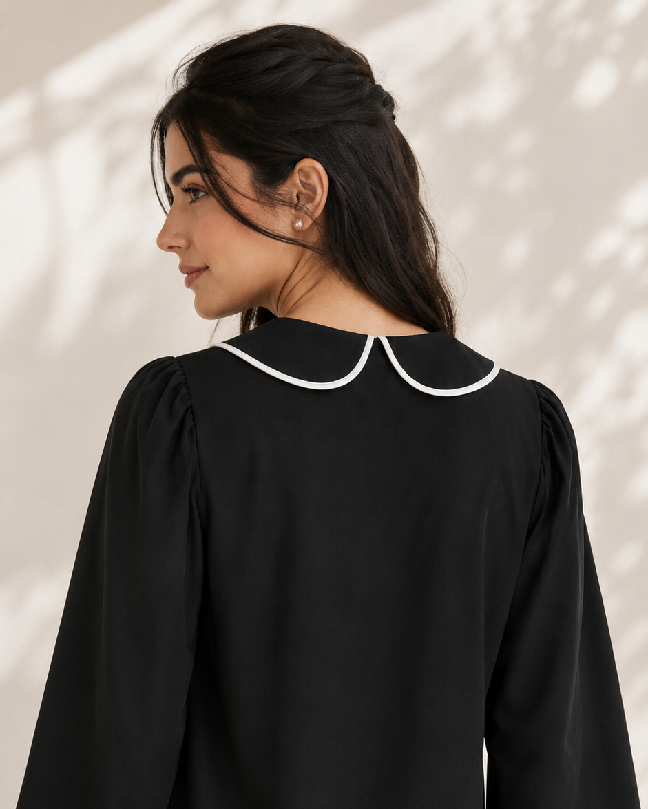 Black contrast collar shirt, back view showing rounded collar and gathered statement sleeves | Beyond Formals