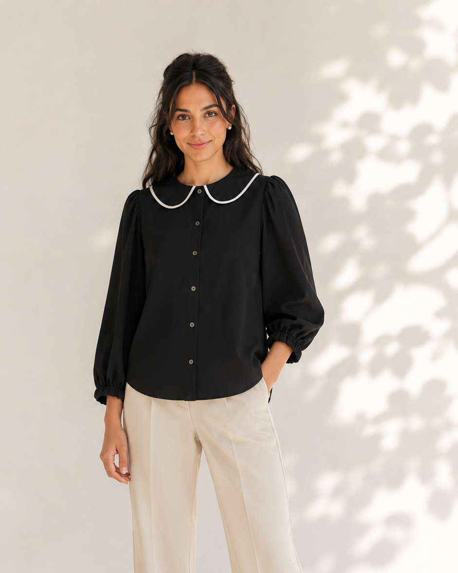 Black contrast collar shirt with white-piped rounded collar, worn with cream trousers, full front view | Beyond Formals