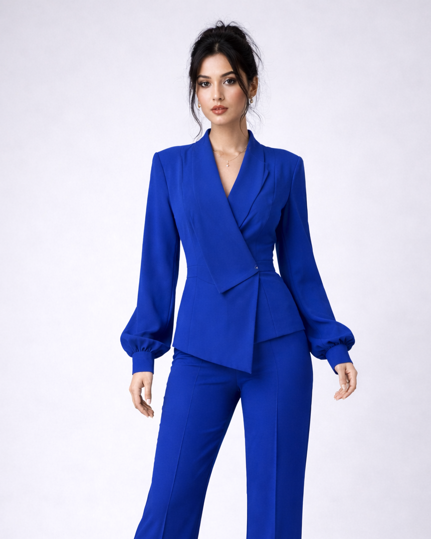 Woman wearing a blue suit on a white background