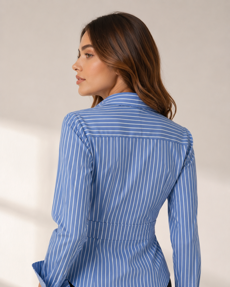 Blue Pinstripe Wrap Shirt for Women Beyond Formals