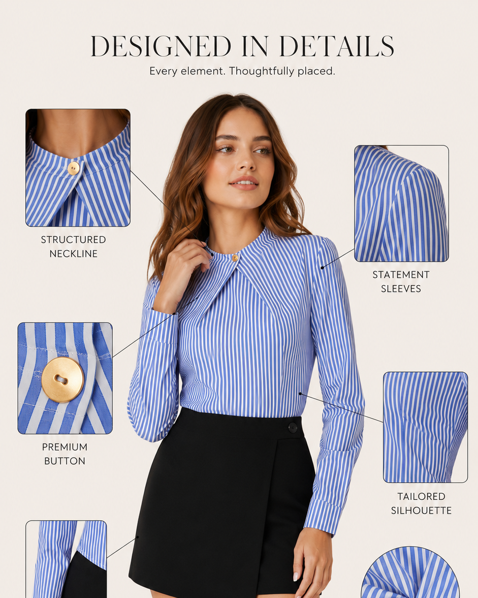 Blue Pinstripe Statement Collar Cotton Blend Formal Shirt for Women Beyond Formals