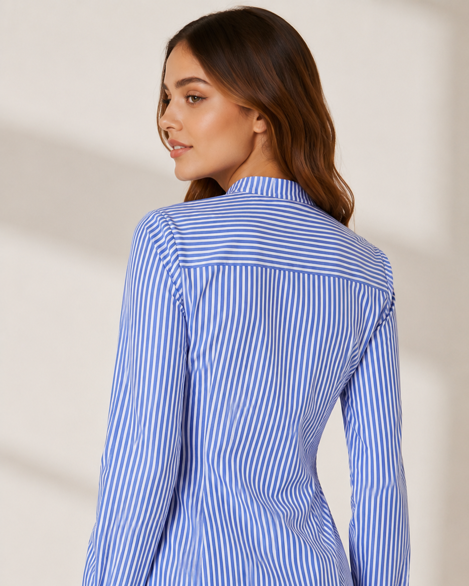 Blue Pinstripe Statement Collar Cotton Blend Formal Shirt for Women Beyond Formals