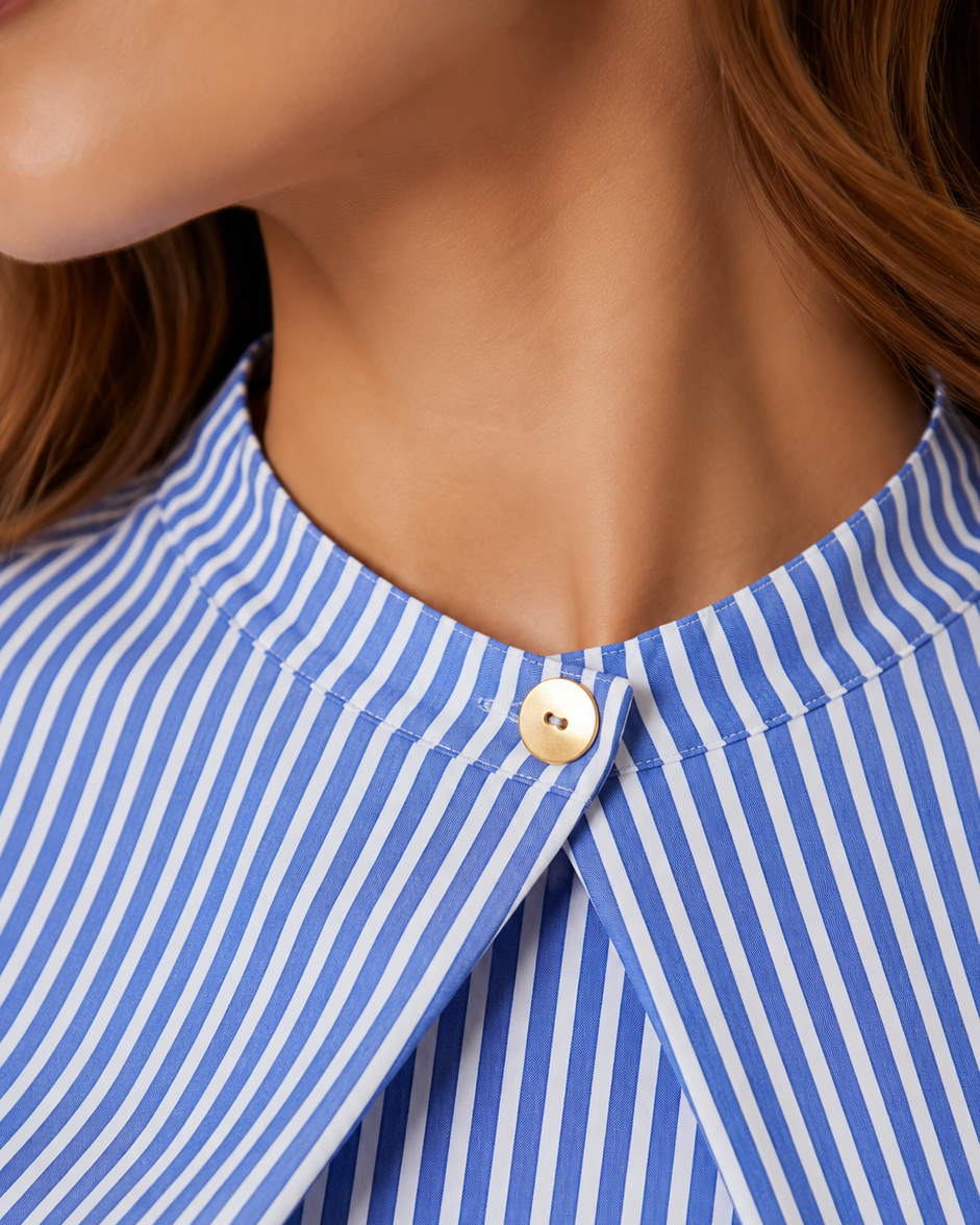 Blue Pinstripe Statement Collar Cotton Blend Formal Shirt for Women Beyond Formals