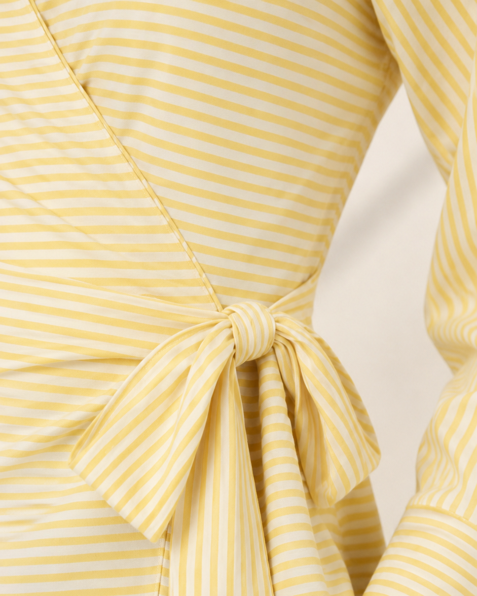 Women's Yellow Pinstripe Wrap Shirt with Side Tie Belt Beyond Formals