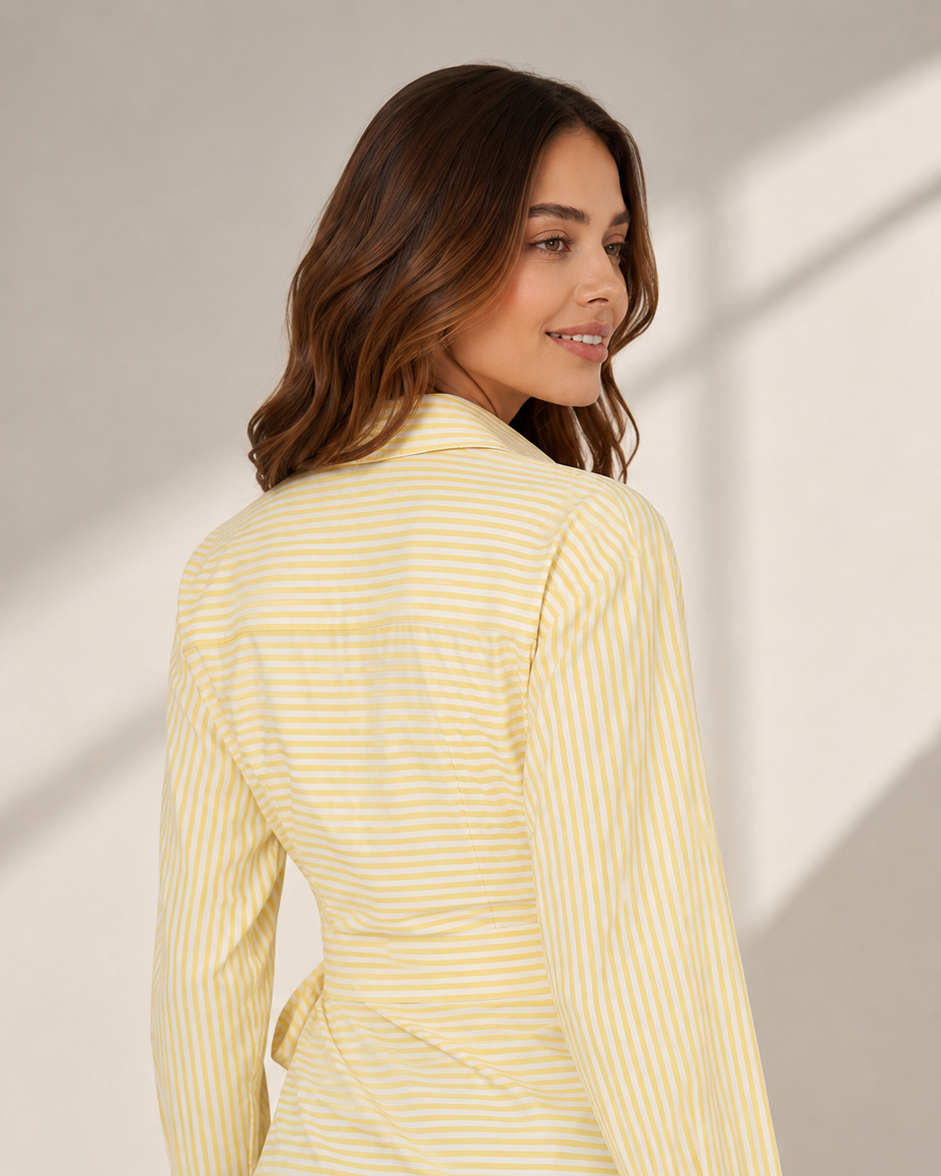 Women's Yellow Pinstripe Wrap Shirt with Side Tie Belt Beyond Formals