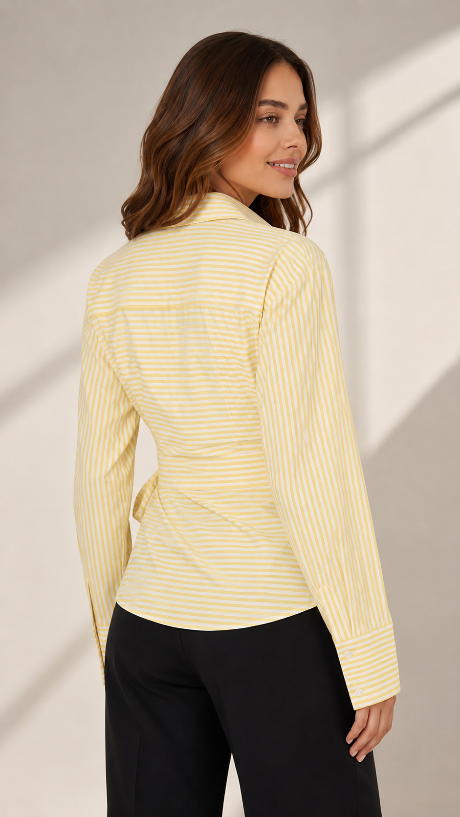 Women's Yellow Pinstripe Wrap Shirt with Side Tie Belt Beyond Formals