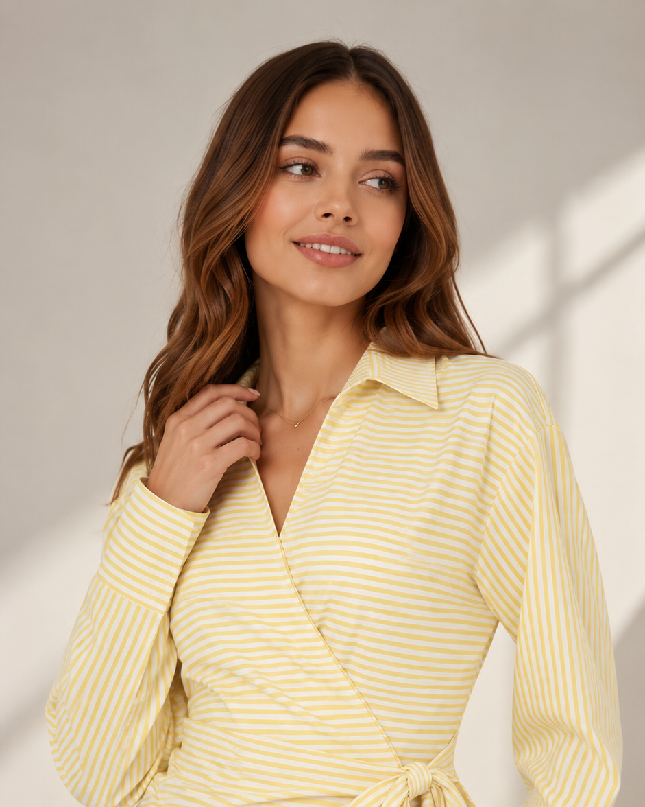 Women's Yellow Pinstripe Wrap Shirt with Side Tie Belt Beyond Formals