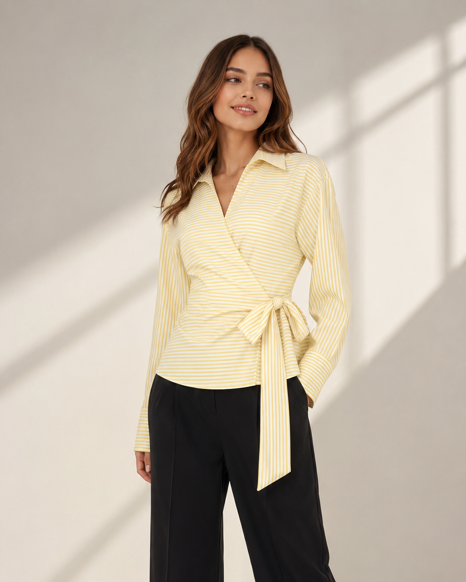 Women's Yellow Pinstripe Wrap Shirt with Side Tie Belt Beyond Formals