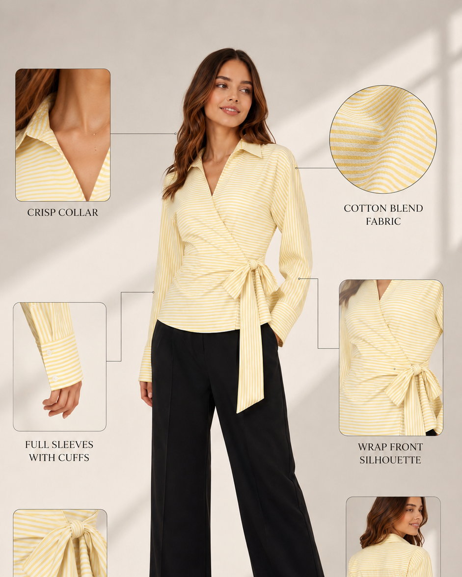 Women's Yellow Pinstripe Wrap Shirt with Side Tie Belt Beyond Formals