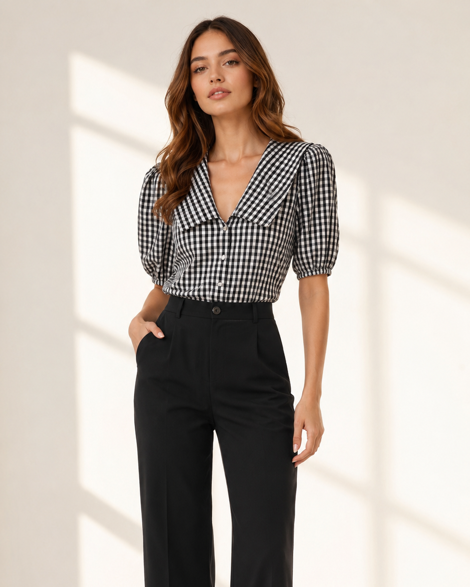 Black & White Statement Collar Cotton Blend Shirt Beyond Formals