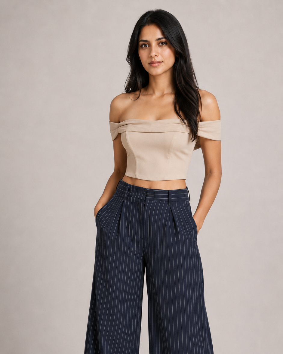 Navy Pinstripe High-Waist Wide-Leg Trousers for Women – Beyond Formals