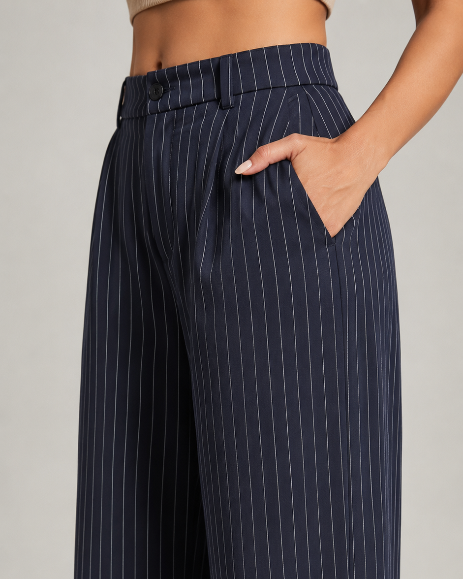 Navy Pinstripe High-Waist Wide-Leg Trousers for Women – View 4