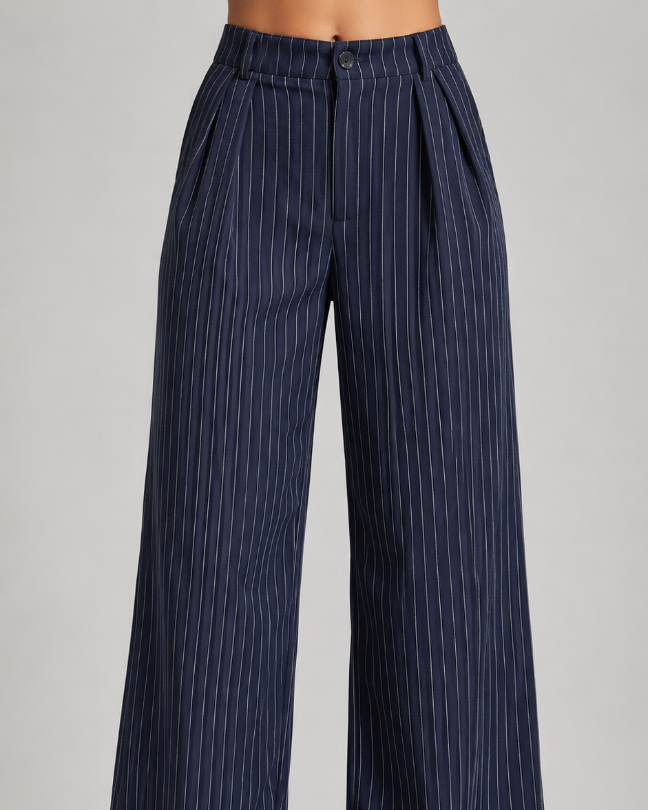 Navy Pinstripe High-Waist Wide-Leg Trousers for Women – View 2