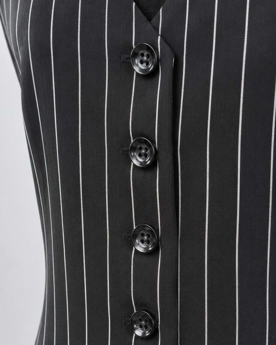 Black pinstripe waistcoat, detail of black buttons, pointed hem and welt pocket | Beyond Formals