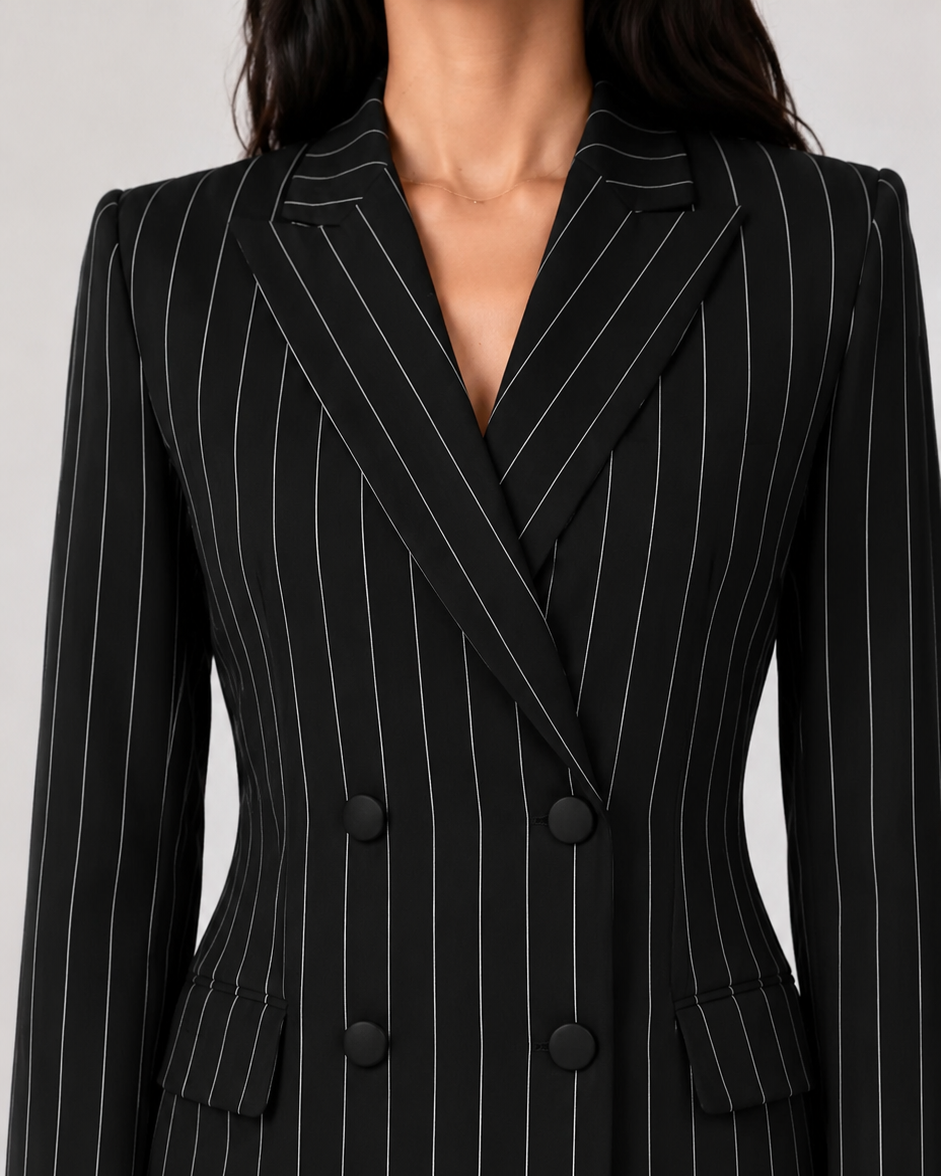Executive Black Pinstripe Double-Breasted Blazer Suit Set Beyond Formals