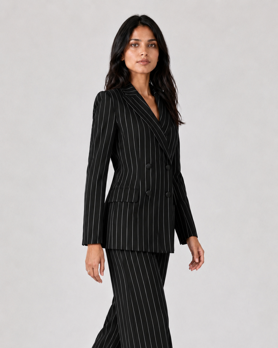 Executive Black Pinstripe Double-Breasted Blazer Suit Set Beyond Formals