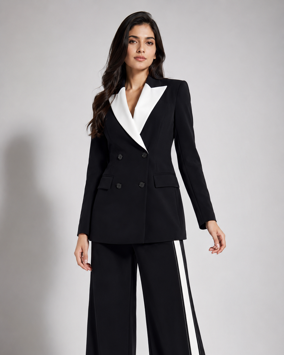 Woman wearing a black suit with white trim on a gray background