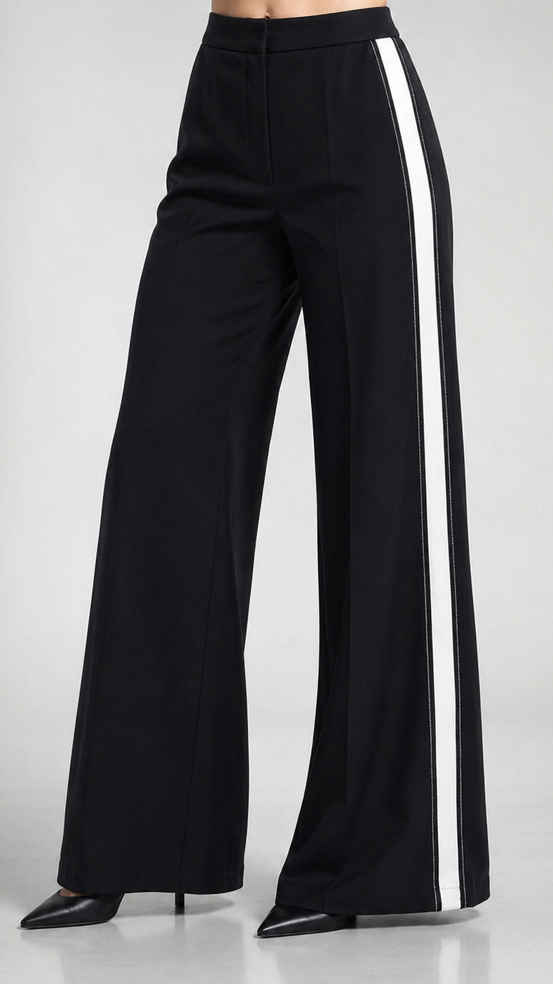 Black wide-leg pants with a white stripe on a gray background