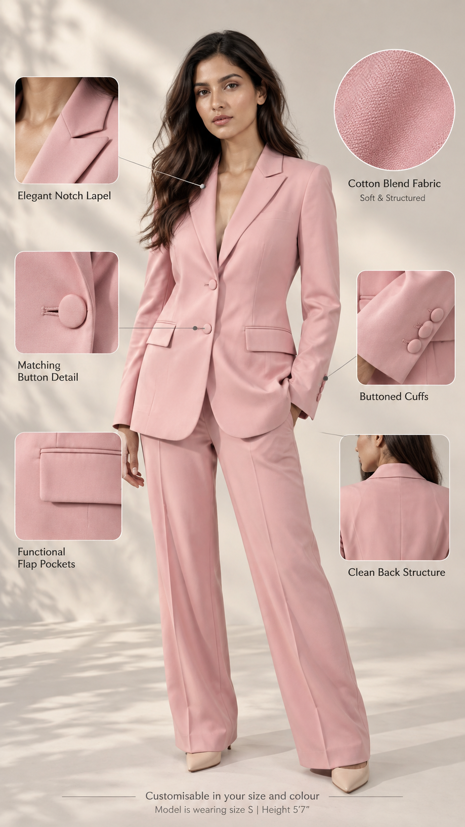 Infographic of light pink blazer: notch lapel, covered buttons, flap pockets, cuffs, cotton blend | Beyond Formals