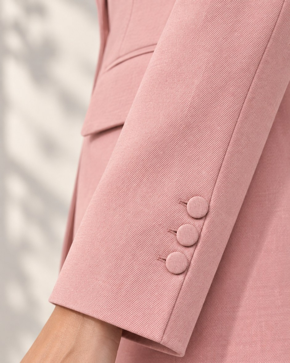 Close-up of blush pink blazer sleeve fabric and cuff button detail
