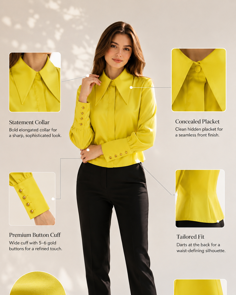 Yellow statement collar shirt infographic: collar, placket, button cuff, fit, fabric, hem | Beyond Formals
