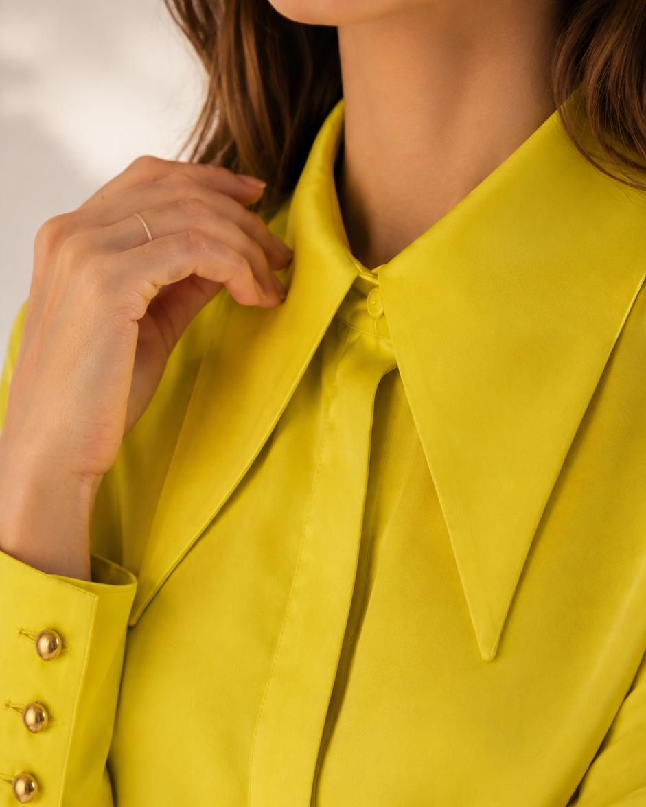 Yellow statement collar shirt, close-up of pointed collar, concealed placket and gold cuff buttons | Beyond Formals